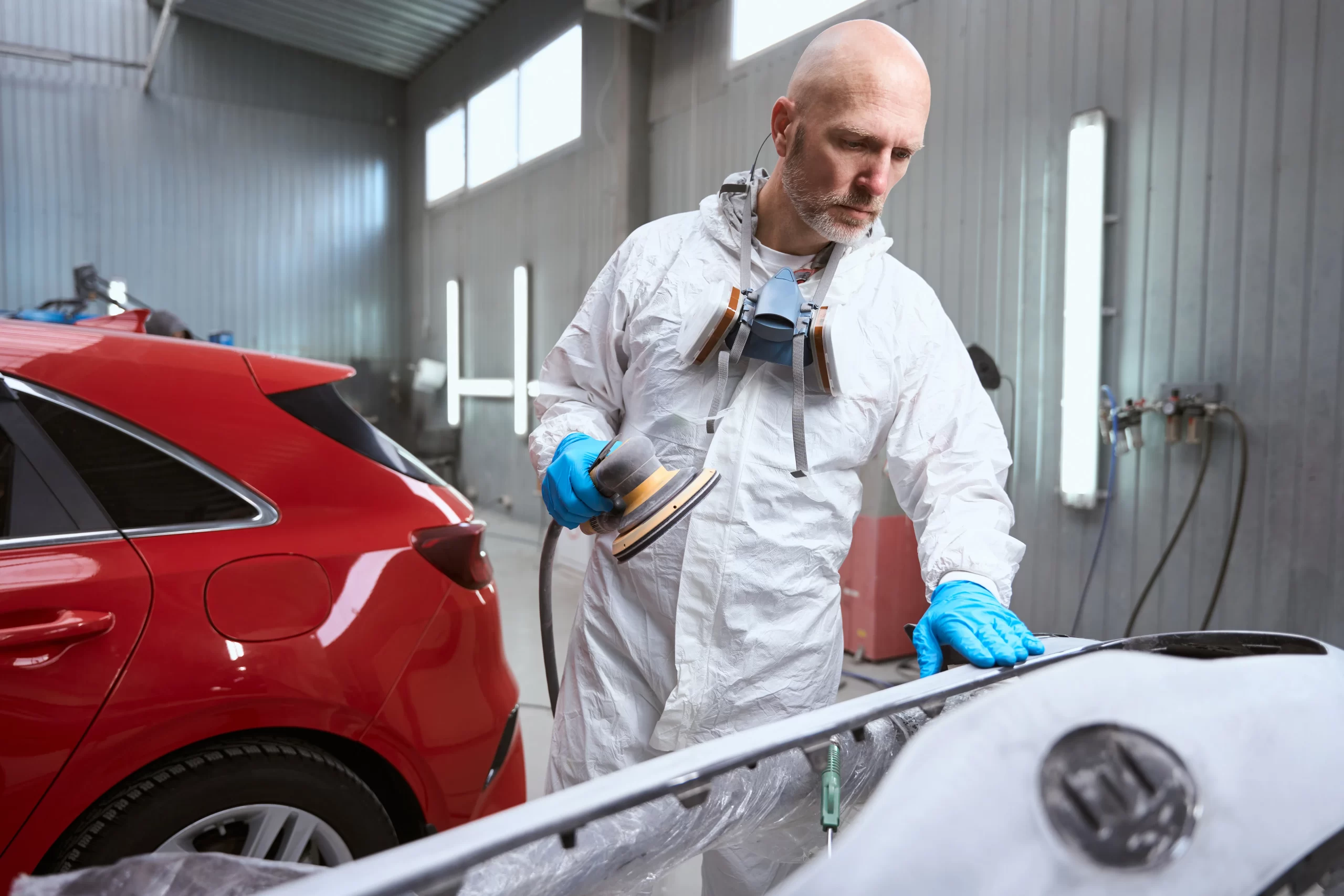 Experienced auto body technician repairing a car in a modern workshop